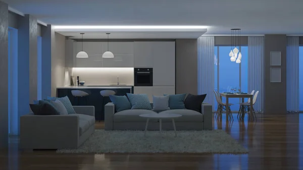 Modern Huis Interieur Avonds Verlichting Nacht Rendering — Stockfoto