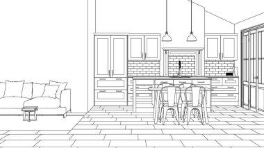 Evin modern iç. Tasarım projesi. Kroki. 3D render.