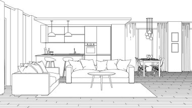 Modern ev iç. Tasarım projesi. Kroki. 3D render.