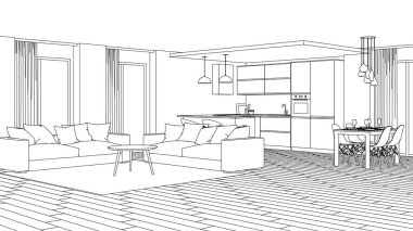 Modern ev iç. Tasarım projesi. Kroki. 3D render.