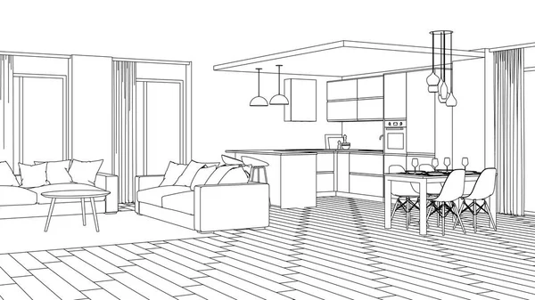 Interior Rumah Modern Proyek Desain Sketch Perender — Stok Foto