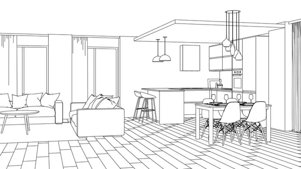 Interior Rumah Modern Proyek Desain Sketch Perender — Stok Foto