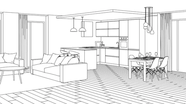 Moderne Hauseinrichtung Design Projekt Skizze Darstellung — Stockfoto