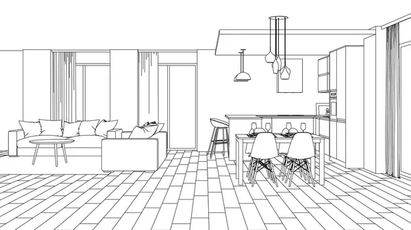 Interior Rumah Modern Proyek Desain Sketch Perender — Stok Foto