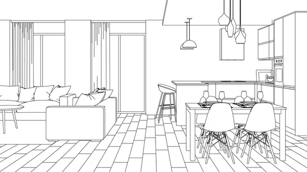 Interior Rumah Modern Proyek Desain Sketch Perender — Stok Foto