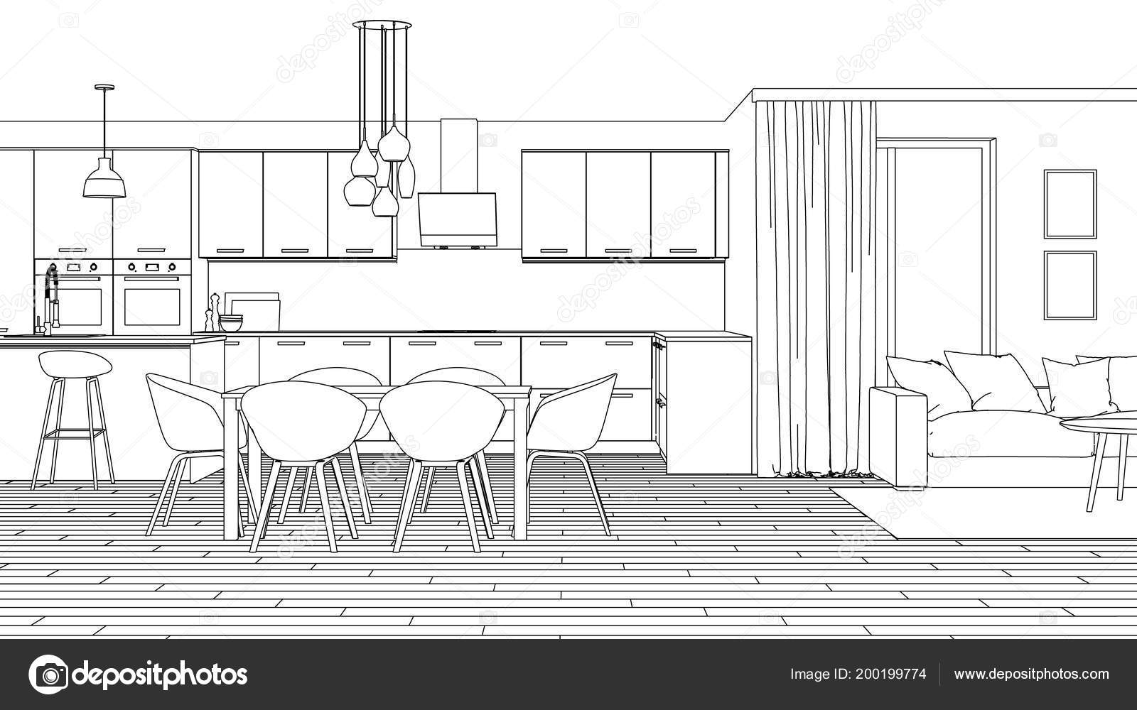 Modern house interior design project sketch rendering stock photo