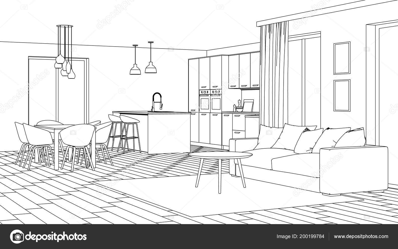 Modern House Interior Design Project Sketch Rendering Stock Illustration by  ©ArtemP1 #200199784