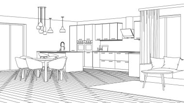 Modern ev iç. Tasarım projesi. Kroki. 3D render.