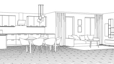 Modern ev iç. Tasarım projesi. Kroki. 3D render.