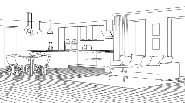 Interior Rumah Modern Proyek Desain Sketch Perender — Stok Foto