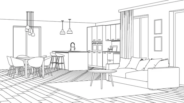 Interior Rumah Modern Proyek Desain Sketch Perender — Stok Foto