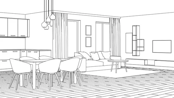 Interior Casa Moderna Proyecto Diseño Boceto Renderizado —  Fotos de Stock
