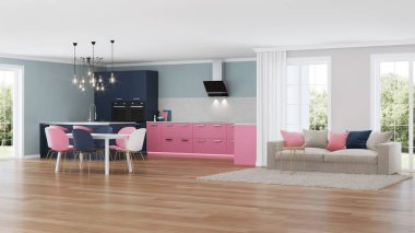 Modern ev iç. Pembe mutfak. 3D render.