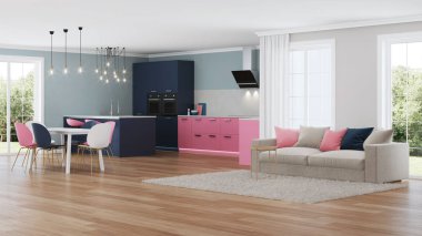 Modern ev iç. Pembe mutfak. 3D render.