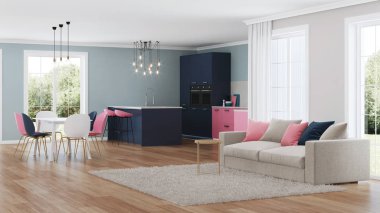 Modern ev iç. Pembe mutfak. 3D render.