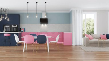 Modern ev iç. Pembe mutfak. 3D render.