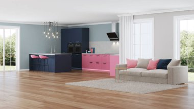 Modern ev iç. Pembe mutfak. 3D render.
