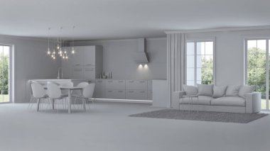 Modern ev iç. Onarır. Gri iç. 3D render.