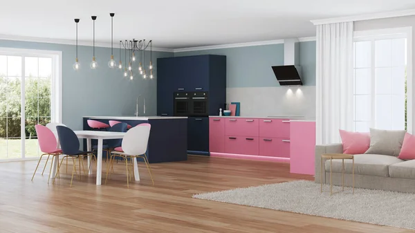 Interior Casa Moderna Cocina Rosa Renderizado —  Fotos de Stock
