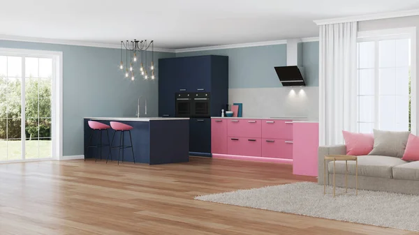 Modern house interior. Pink kitchen. 3D rendering.