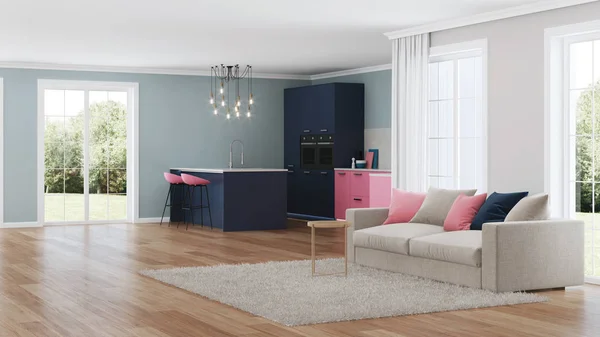 Modern House Interior Pink Kitchen Rendering — Stock Photo, Image