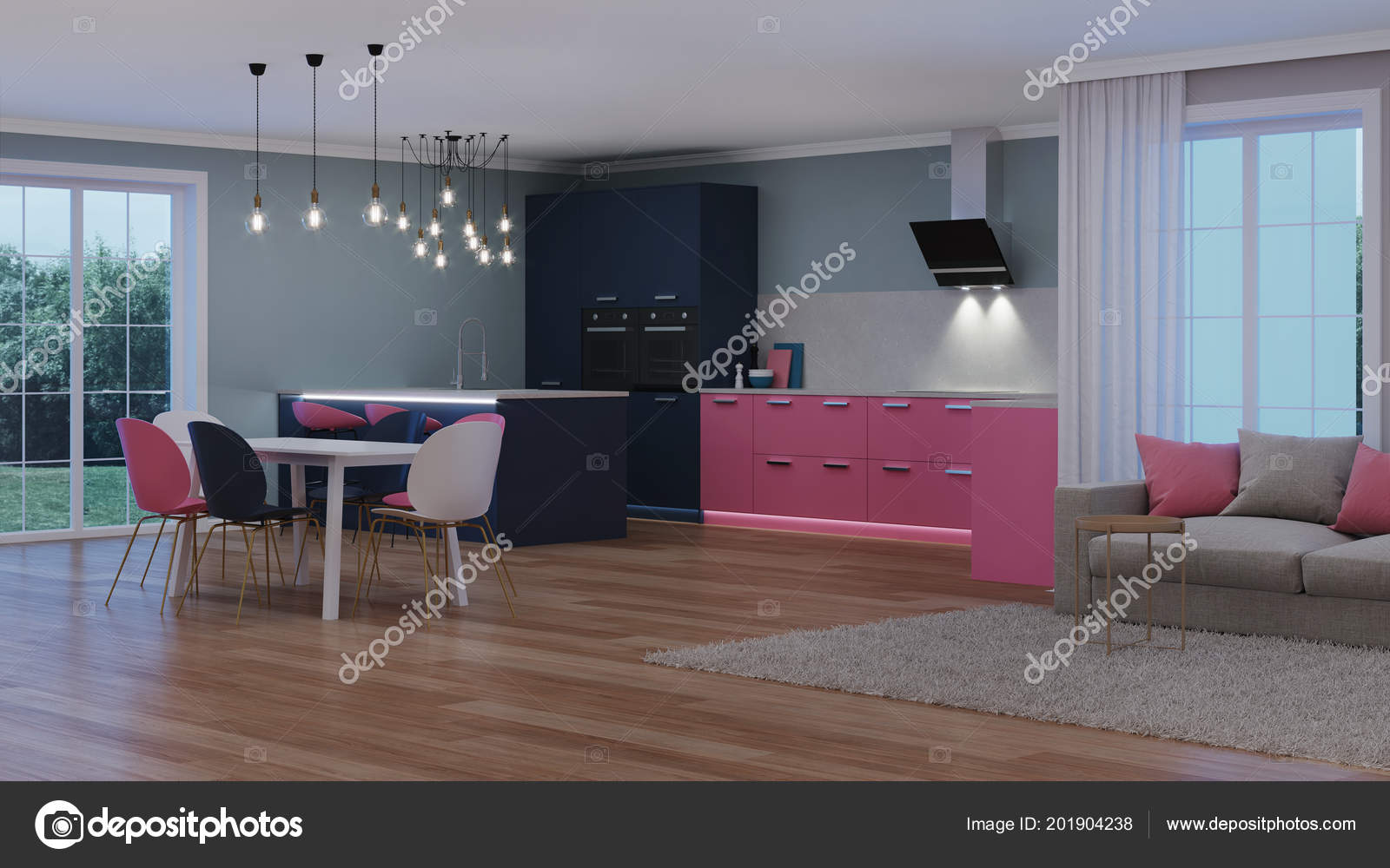 Modern House Interior Pink Kitchen Night Evening Lighting