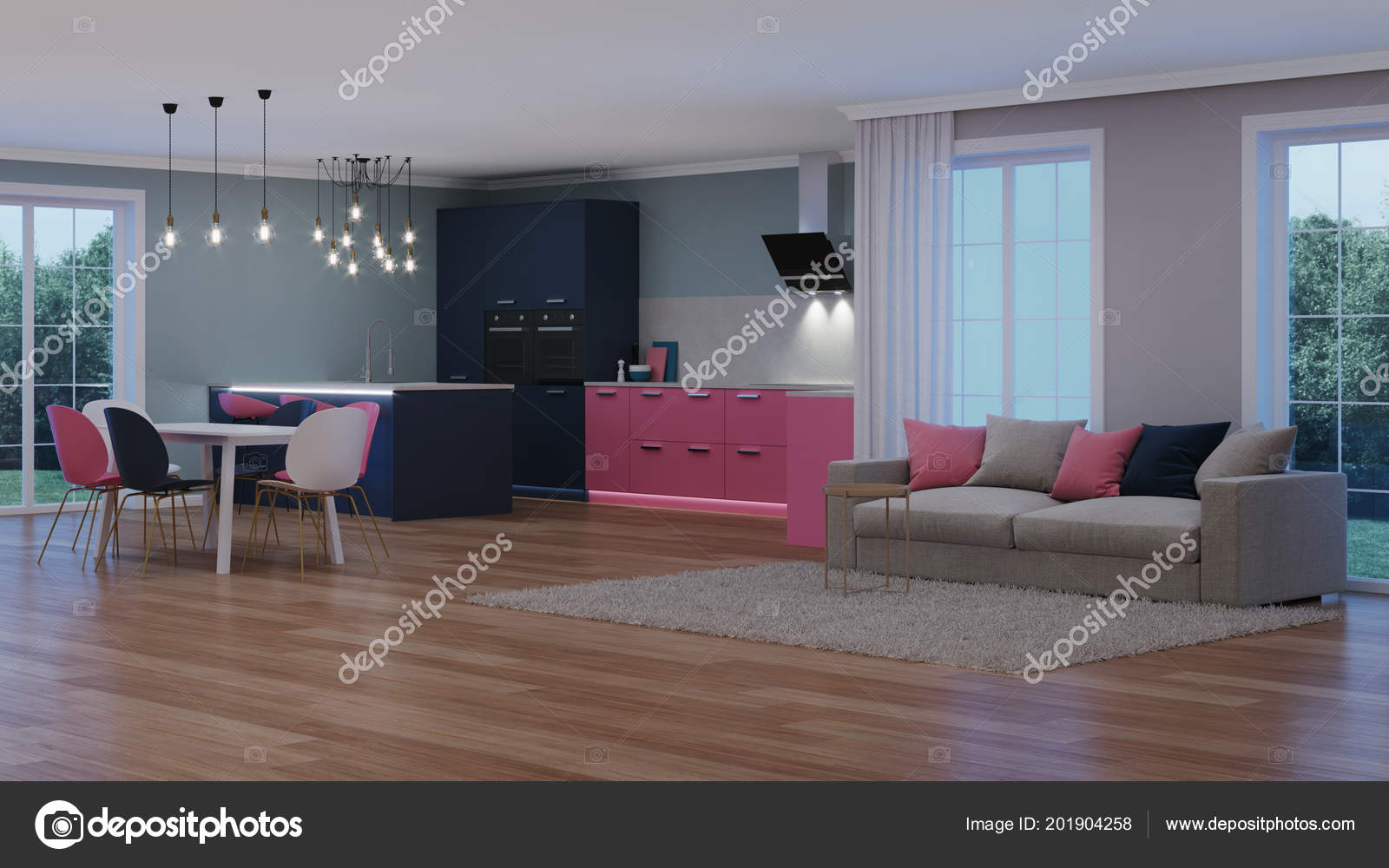 Modern House Interior Pink Kitchen Night Evening Lighting