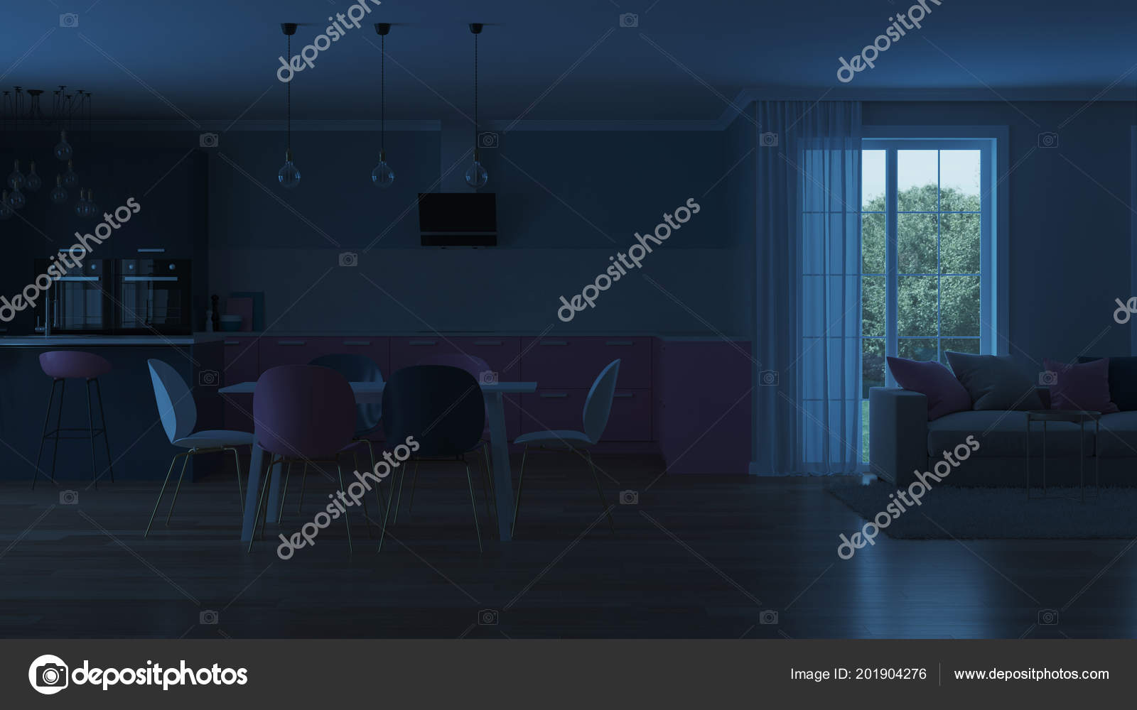 Modern House Interior Pink Kitchen Night Evening Lighting