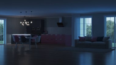 Modern ev iç. Pembe mutfak. İyi geceler. Akşam aydınlatma. Yapay ışık kaynakları. 3D render.