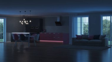 Modern ev iç. Pembe mutfak. İyi geceler. Akşam aydınlatma. Yapay ışık kaynakları. 3D render.