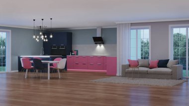Modern ev iç. Pembe mutfak. İyi geceler. Akşam aydınlatma. Yapay ışık kaynakları. 3D render.