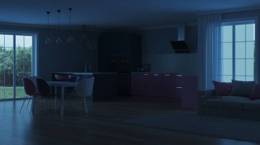 Modern ev iç. Pembe mutfak. İyi geceler. Akşam aydınlatma. Yapay ışık kaynakları. 3D render.