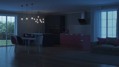 Modern ev iç. Pembe mutfak. İyi geceler. Akşam aydınlatma. Yapay ışık kaynakları. 3D render.