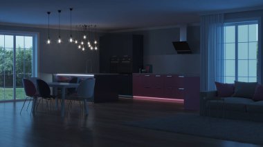Modern ev iç. Pembe mutfak. İyi geceler. Akşam aydınlatma. Yapay ışık kaynakları. 3D render.