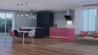 Modern ev iç. Pembe mutfak. İyi geceler. Akşam aydınlatma. Yapay ışık kaynakları. 3D render.