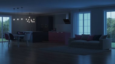 Modern ev iç. Pembe mutfak. İyi geceler. Akşam aydınlatma. Yapay ışık kaynakları. 3D render.