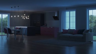Modern ev iç. Pembe mutfak. İyi geceler. Akşam aydınlatma. Yapay ışık kaynakları. 3D render.