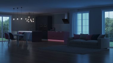 Modern ev iç. Pembe mutfak. İyi geceler. Akşam aydınlatma. Yapay ışık kaynakları. 3D render.