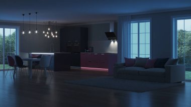 Modern ev iç. Pembe mutfak. İyi geceler. Akşam aydınlatma. Yapay ışık kaynakları. 3D render.