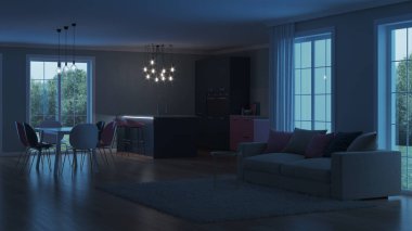 Modern ev iç. Pembe mutfak. İyi geceler. Akşam aydınlatma. Yapay ışık kaynakları. 3D render.
