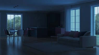 Modern ev iç. Pembe mutfak. İyi geceler. Akşam aydınlatma. Yapay ışık kaynakları. 3D render.