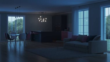 Modern ev iç. Pembe mutfak. İyi geceler. Akşam aydınlatma. Yapay ışık kaynakları. 3D render.