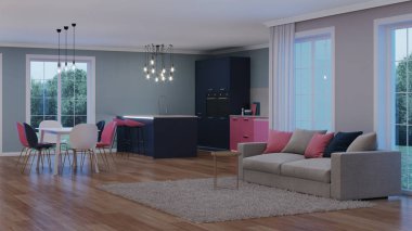 Modern ev iç. Pembe mutfak. İyi geceler. Akşam aydınlatma. Yapay ışık kaynakları. 3D render.