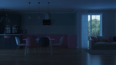 Modern ev iç. Pembe mutfak. İyi geceler. Akşam aydınlatma. Yapay ışık kaynakları. 3D render.