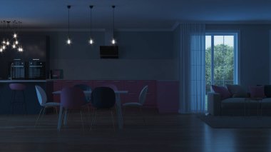 Modern ev iç. Pembe mutfak. İyi geceler. Akşam aydınlatma. Yapay ışık kaynakları. 3D render.
