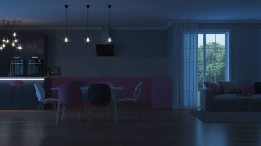 Modern ev iç. Pembe mutfak. İyi geceler. Akşam aydınlatma. Yapay ışık kaynakları. 3D render.