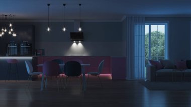 Modern ev iç. Pembe mutfak. İyi geceler. Akşam aydınlatma. Yapay ışık kaynakları. 3D render.