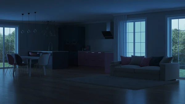 现代房子内部 粉红色的厨房 晚上照明 人造光源 — 图库照片