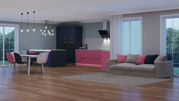 Modern Huis Interieur Roze Keuken Nacht Avonds Verlichting Kunstmatige Lichtbronnen — Stockfoto