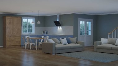 Modern ev iç. İyi geceler. Akşam aydınlatma. 3D render.